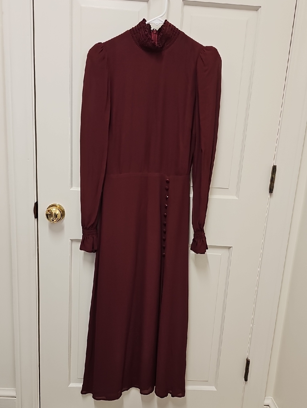 Reformation Long-Sleeve Burgundy Dress with Ruffled High Neck